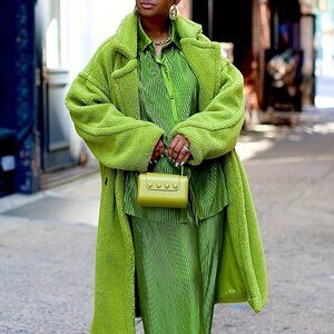 Green Winter Faux-Fur Coat - Thick Insulated Maxi Jacket with Lapel Collar